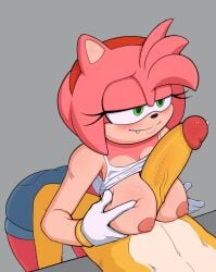 amy_rose blush bracelet breasts crop_top erection female furry gloves huge_cock jeans_shorts large_breasts male paizuri pinkfalcon sega shirt_lift shorts sonic_(series) sonic_the_hedgehog_(series) tails_the_fox