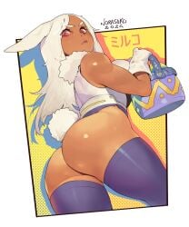 1girls ass bubble_ass bubble_butt bunny_ears bunny_girl bunny_tail dark-skinned_female dark_skin easter female female_focus female_only hero_outfit_(mha) long_hair looking_at_viewer looking_back looking_back_at_viewer low-angle_view miruko my_hero_academia norasuko purple_thighhighs red_eyes rumi_usagiyama solo solo_female thick_thighs thighhighs white_fur white_hair