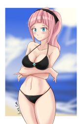 1girls 2019 artist_name beach bikini black_bikini blue_eyes blush breasts cleavage felicia_(fire_emblem) female female_only fire_emblem fire_emblem_fates folded_arms gm_laz hair_ornament light-skinned_female light_skin looking_at_viewer medium_breasts nintendo pink_hair ponytail sand sea solo watermark