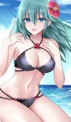 1girls alternate_costume bare_thighs bikini black_bikini black_swimsuit blue_eyes breasts byleth_(fire_emblem) byleth_(fire_emblem)_(female) female female_only fire_emblem fire_emblem:_three_houses flower hair_flower kirishima_riona long_hair looking_at_viewer medium_breasts nintendo outdoors smile solo swimsuit teal_hair thighs