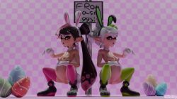 1920x1080 3d blender blender_cycles breasts bunny_ears bunnysuit callie_(splatoon) collar earrings easter_egg egg gloves holding_belly inkling inkling_girl inkloving leggings marie_(splatoon) marie_(wo262) mole mole_under_eye pregnant splatoon squatting squid_sisters tagme tentacle_hair