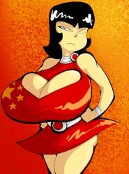 asian asian_female big_breasts black_hair bootlegjones chinese_clothes ching_ming cleavage cleavage_cutout cleavage_window dress female hi_res huge_breasts large_breasts pinup solo top_heavy yellow-skinned_asian