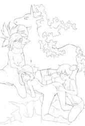 1boy 3girls artist_request female flannery_(pokemon) human human_only kasumi_(pokemon) male male_rapidash may_(pokemon) multiple_girls nintendo penis pokémon_(species) pokemon pokemon_(species) pokephilia rapidash