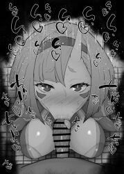 1boy 1girls :>= areola_slip bar_censor big_breasts big_penis black_and_white blush bodysuit censored dark-skinned_male dark_skin detailed_background drooling eyelashes fellatio headband heart horn humanoid indoor inside interspecies koko_zenibako kurotama long_hair looking_at_viewer male male_pov markings mato_seihei_no_slave no_color oral oral_sex room saliva shiny shiny_skin sketch sound_effects squatting sweat text tongue_out vein veins veiny veiny_penis