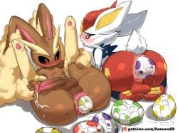 2boys anthro anus balls blush bunny_ears cinderace cum egg egg_laying femboy furry hanuvo lagomorph lopunny nipples paws penis pokémon_(species) pokemon pokemon_(species)