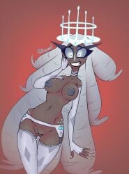 1girls angel angel_wings areolae big_breasts breasts dark-skinned_female dark_skin female female_only garter_belt hazbin_hotel long_hair looking_at_viewer mature_female nipples pugums pussy sera_(hazbin_hotel) thick_thighs vagina white_hair