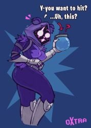 anthro areola armor arrow_sign bear belt bodily_fluids boots breasts clothed clothing confusion container epic_games eye_scar facial_scar female footwear fortnite fur gauntlets gloves handwear hood humanoid liquid looking_at_viewer mammal nipples nude oxtra partially_clothed purple_body question_mark raven_team_leader scar shadow_face shield_potion simple_background solo sweat text thick_thighs topless wraps