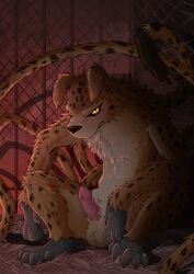 angry angry_expression angry_eyes anthro cage erection fur genitals hi_res long_tail looking_at_viewer male markings marsupilami marsupilami_(character) marsupilami_(series) penis solo spots spotted_body spotted_fur tail zeptophidia