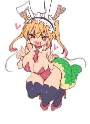 1girls big_breasts blonde_hair bunny_ears bunnysuit cleavage cool-kyou_shinja dragon_girl dragon_horns dragon_tail female high_heels horns large_breasts miss_kobayashi's_dragon_maid solo tail thighhighs tohru_(dragon_maid) twintails