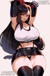 ai_generated arms_above_head arms_up big_ass big_breasts bimbo bimbo_body black_hair black_legwear crop_top final_fantasy final_fantasy_vii final_fantasy_vii_remake long_hair microskirt midriff miniskirt patreon_username print_tax5 suspender_skirt suspenders tank_top thiccwithaq_(ai_style) thighhighs thong_above_skirt tifa_lockhart twitter_username