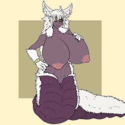 anthro bunyip_(monster_girl_encyclopedia) dark_skin fluffy fluffy_tail krissi_(character) lamia large_breasts milf nude nude_female solo_female thebigjunni white_fur white_hair