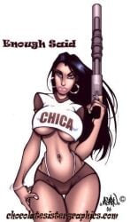 2006 booty_shorts breasts brown_skin chica chicana crop_top dark-skinned_female gun hispanic hoop_earrings latina long_hair mexican_female pinup shotgun text