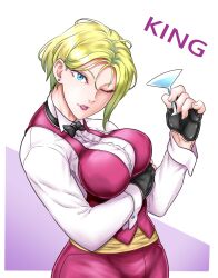 belt big_breasts big_breasts blonde_hair blue_eyes bowtie clothed drink female gloves king_(snk) king_of_fighters light_skin long_sleeves pants pressing_breasts pressing_breasts_together short_hair