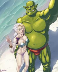 1girls blizzard_entertainment blonde_hair cleavage female femsub fully_clothed human human_(world_of_warcraft) interspecies jaina_proudmoore kataaoyoc light-skinned_female light_skin male orc orc_(warcraft) orc_male orced revealing_clothes skimpy_clothes v v_sign warcraft white_hair world_of_warcraft wow