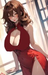 ai_generated blush blush brown_hair brown_hair_female brunette_hair cleavage_window female_issei high_school_dxd horny horny_female massive_breasts red_dress red_lips yellow_eyes