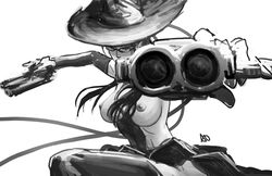 1girls accuracy0 bayonetta bayonetta_(character) breasts large_breast monochrome nipples pistol sketch solo weapon