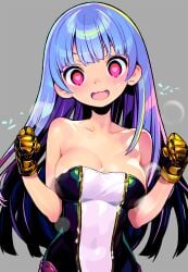 1girls blue_hair blunt_bangs bodysuit breasts cleavage cum_in_cleavage cum_in_clothes cum_in_topwear cum_leaking_from_clothes cum_on_breasts cum_wearing female female_only fully_clothed heart-shaped_pupils himehajime hypnosis king_of_fighters kula_diamond long_hair onono_imoko red_eyes shunin smile snk spiral_eyes yellow_gloves zipper