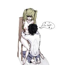 boots death_note emo emo_boy emo_hair eyes_covered goth goth_girl heterosexual l_lawliet licking misa_amane on_knees small_breasts straight tied_arms tied_hands tied_to_chair