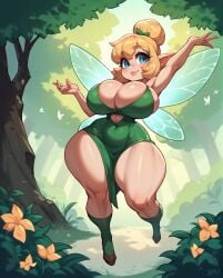 1girls ai_generated big_breasts blonde_hair blue_eyes disney disney_fairies female_only hair_bun rocksolidart solo solo_female tinker_bell wide_hips