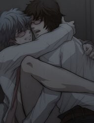 2boys anal anal_sex arm_around_neck blush bottomless class_3-z clenched_teeth gay gintama gintoki_sakata glasses hangleing implied_anal leg_lock male male_only official_alternate_costume sakamoto_tatsuma sweat tagme teacher teachers yaoi