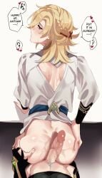 2boys alhaitham_(genshin_impact) bending blonde_hair genshin_impact holding_butt kaveh_(genshin_impact) male_only tagme_(artist) teasing yaoi