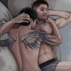 2boys actor angel arms_behind_head artist_signature asleep back_tattoo bara beard beard_stubble black_hair brown_hair castiel castiel_(supernatural) celebrity chest_tattoo closed_eyes couple cuddling dean_winchester duo enochian enochian_tattoo enochian_text facial_hair freckles gay gay_couple head_on_chest human in_character jackiedeeart jensen_ackles light-skinned_male light_skin lying lying_down lying_on_back lying_on_stomach male male/male male_only misha_collins muscular muscular_male nipples occult_symbol pentagram realistic romantic romantic_couple shirtless sleep sleeping stubble supernatural_(series) tattoo underwear wings_tattoo yaoi