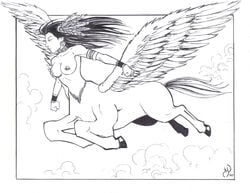 arm_bands black_and_white black_hair centaur centauress cosplay earring feather feathered_wings flying greek_mythology long_hair michael_powell mythology necklace pegasus pegasus_taur wings