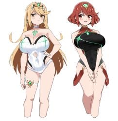 2girls breasts fried_bocky highres large_breasts multiple_girls mythra_(radiant_beach)_(xenoblade) mythra_(xenoblade) pyra_(pro_swimmer)_(xenoblade) pyra_(xenoblade) simple_background swimsuit white_background