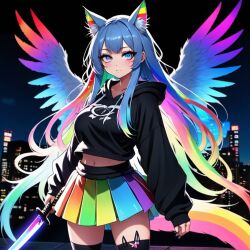 ai_generated black_sweater blue_eyes bored_expression cat_ears cat_girl catgirl largewall long_hair medium_breasts midriff rainbow_hair rainbow_skirt sword wings