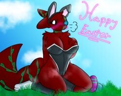 absurd_res anthro big_breasts blush blush_lines breasts breath bunny_costume clothed clothing costume cute_fangs digital_media_(artwork) easter easter_egg egg english_text fake_ears fake_rabbit_ears female flower footwear fur genitals happy hi_res holidays looking_at_viewer maroon_fur musk musk_clouds plant pussy rain_world rose_(flower) sarasul_(smolreapy) simple_background sitting sitting_on_ground skimpy slugcat smile smolreapy socks solo spread_pussy spreading tail text thick_thighs topwear videocult vines