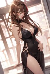 1girls ai_generated black_dress blush brown_hair brown_hair_female brunette_hair female female_issei female_only fuck_me_eyes high_school_dxd horny horny_female huge_breasts long_dress pinching_belly red_lips seductive_eyes seductive_gaze seductive_smile solo thick_thighs waiting window window_sill