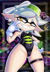 breasts digital_media_(artwork) earrings fanart garter grey_hair humanoid inkling jackintaro looking_at_viewer marie_(splatoon) mole nintendo piercing pointy_ears pseudo_hair smile splatoon squid_sisters yellow_eyes