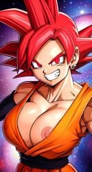 1girls ai_generated dragon_ball dragon_ball_super female_goku female_saiyan genderswap_(mtf) large_breasts looking_at_viewer muscular_female nekom14 nipples no_bra red_eyes red_hair rule63 rule_63 saiyan_girl son_goku super_saiyan_god