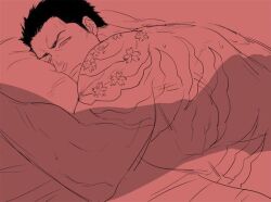 1boy admiral_(one_piece) akainu artist_request back_tattoo dark_hair human irezumi laying_down laying_in_bed laying_on_bed male male_only muscular one_piece sakura_tattoo shoulder_tattoo simple_background simple_coloring simple_shading sketch sleepy solo source_request tattoo waking_up