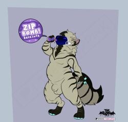 anthro belly beverage fur grey_body grey_fur hi_res machine male male_focus male_only mane overweight overweight_male pawpads potion_bottle protogen soda solo thewilldpink tiger_pattern visor