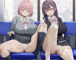 2d 2girls :) :p breasts brown_hair female g-string large_breasts light-skinned_female light_skin long_hair micro_panties micro_thong oekakizuki original original_character panties pink_hair school_uniform schoolgirl short_hair showing_panties spread_legs teasing teasing_viewer thick_thighs thong train white_panties