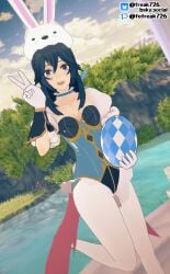 1girls 3d :d blue_eyes blue_hair breasts bunny_ears bunny_girl bunnysuit collarbone easter egg fefreak726 female female_only fire_emblem fire_emblem_awakening fire_emblem_heroes gloves hair_between_eyes high_heels holding leg_up leotard long_hair lucina_(fire_emblem) lucina_(spring)_(fire_emblem) nintendo open_mouth outdoors pantyhose pond pose scarf small_breasts smile solo symbol-shaped_pupils tree v water