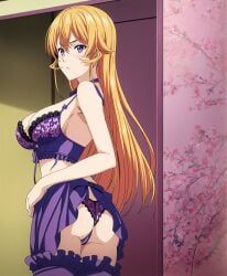 ai_generated ass back_view blonde_hair blush bra lingerie long_hair looking_away medium_breasts nakiri_erina pose posing_for_the_viewer purple_eyes shiny_skin shokugeki_no_souma slim_waist stable_diffusion standing stockings thong underwear younger_female