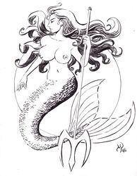 1girls 2011 areola black_and_white breasts busty cleavage inked long_hair mermaid mermaid_tail michael_powell mythology navel nipples no_bra sketch tagme tail_fin topless trident voluptuous