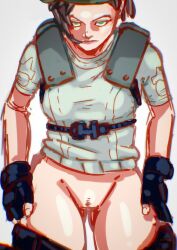 angry_face exposed_pussy gloves green_eyes jill_valentine looking_at_viewer no_panties randomart resident_evil thick_thighs undressing