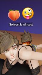 2girls 3d black_bra black_lingerie gloves highres implied_cunnilingus implied_rimming overwatch overwatch_2 self_upload selfcest selfie snapchat tracer yellow_eyes yuri