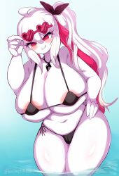 1girls areolae beni_imo beni_imo_(beniimo45450721) big_breasts bikini female female_only fnf_entity friday_night_funkin glasses_on_head heart-shaped_eyewear huge_breasts nikusa_(sugarratio) ponytail red_eyes side-tie_bikini sunglasses very_long_hair voluptuous water