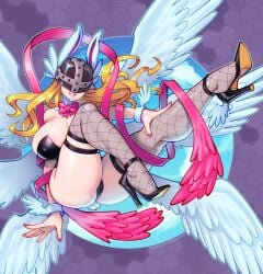 1girls angel_wings angewomon blonde_hair bowtie bunny_ears bunny_tail bunnysuit digimon digimon_(species) fishnets helmet high_heels light-skinned_female long_hair painted_nails playboy_bunny stiletto_heels supersatanson very_high_heels wings