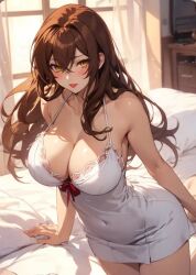 ai_generated blush blushing blushing_profusely brown_hair brown_hair_female brunette_hair dress female_issei high_school_dxd horny horny_female huge_breasts lace_dress long_hair messy_hair red_lips red_ribbon short_dress thick_thighs white_dress yellow_eyes