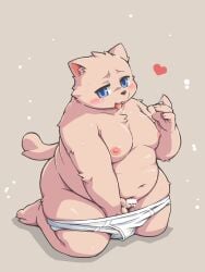 2024 anthro belly big_belly blue_eyes blush censored clothing domestic_cat felid feline felis heart_symbol hi_res kemono male mammal masturbation moobs navel nipples overweight overweight_male solo takagi_kyou tongue tongue_out underwear