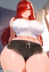 ai_generated brown_eyes creamy_ai curvy dolphin_shorts erza_scarlet fairy_tail female_only from_below huge_breasts patreon_username red_hair shorts tank_top thiccwithaq_(ai_style) thick_thighs wide_hips