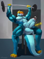 absurd_res anthro balls bench_press big_balls big_penis blue_body blue_scales bodily_fluids clenched_teeth collared_lizard common_collared_lizard cum digital_media_(artwork) erection fingers genital_fluids genitals gym hi_res huge_balls huge_cock humanoid_genitalia humanoid_penis hyper hyper_balls hyper_genitalia hyper_penis lizard male monroe_lehner muscular muscular_male nude pecs penis raised_arm reptile scales scalie simple_background smile snow.hound solo tail teeth yellow_body yellow_scales