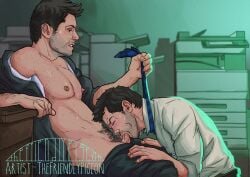 2boys actor angel artist_signature bara beard beard_stubble biting_lip biting_own_lip blowjob blush brown_hair castiel castiel_(supernatural) celebrity choking closed_eyes dean_winchester desk dominant_male domination duo erect_penis erection facial_hair fellatio freckles friskypigeon gay gay_sex half-dressed half_naked hand_on_thigh hands_on_thighs human in_character jacket jensen_ackles light-skinned_male light_skin looking_at_partner male male/male male_only male_penetrated male_penetrating male_penetrating_male misha_collins muscular muscular_male nipples office oral oral_sex pants pecs penis penis_in_mouth photocopier pubic_hair shirt shivering sitting stubble submissive submissive_male suck_him_dry supernatural_(series) sweat sweatdrop sweating tie yaoi