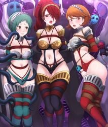 3girls alternate_costume armor arms_behind_back atlus ball_gag battle_panties bdsm bikini_armor bondage bound bra breastplate breasts brown_eyes cameltoe crotch_rope damsel_in_distress dankestofdans female female_focus female_only femsub fuuka_yamagishi gag gagged garter_straps green_hair groping hi_res high-cut_armor highres imminent_rape imminent_sex long_hair medium_breasts megami_tensei metal mitsuru_kirijo monster multiple_girls navel orange_eyes orange_hair panties persona persona_3 ponytail red_eyes red_hair rope rope_bondage sega shadow_(persona) shibari short_hair standing tentacle tentacles thigh_gap thighs thong yukari_takeba