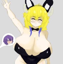 black_clothing blonde_hair blush bunny_ears bunnysuit cheeltent huge_breasts humanoid lucoa magatsuchi_shouta purple_eyes purple_hair quetzalcoatl_(dragon_maid) sweat white_hair